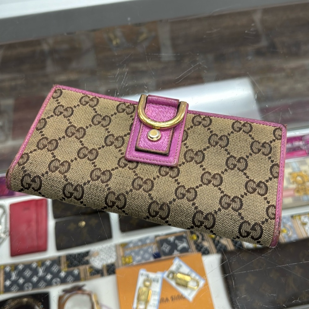 GUCCI Abbey Monogram Canvas Hot Pink Leather-Trim Long Snap Horsebit Wallet VTG
